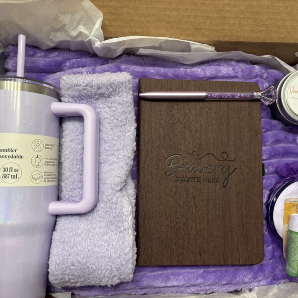 Purple care package contents shown in box.